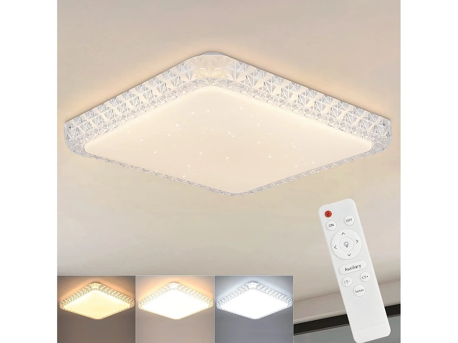 NETTLIFE Plafonnier LED Cuisine Salon Moderne Carré 30CM Cristal Ciel Étoilé Design Dimmable avec Télécommande Blanc Petit pour Salon Couloir Bureau