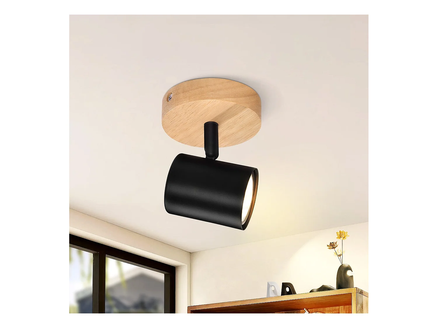 NETTLIFE Plafonnier LED 1 flamme - Noir Plafonnier GU10 Spot pivotant Applique murale en bois Spot mural pour salon chambre MAX.40W Sans ampoule