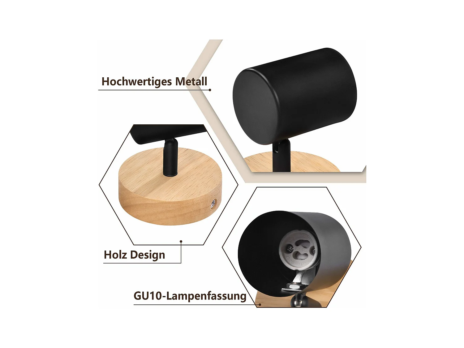 NETTLIFE Opbouwspot Hout zwart rond 1-lichts GU10 Fitting draaibar Plafondspot Hoogwaardig   Max.40W Vintage Plafondlamp