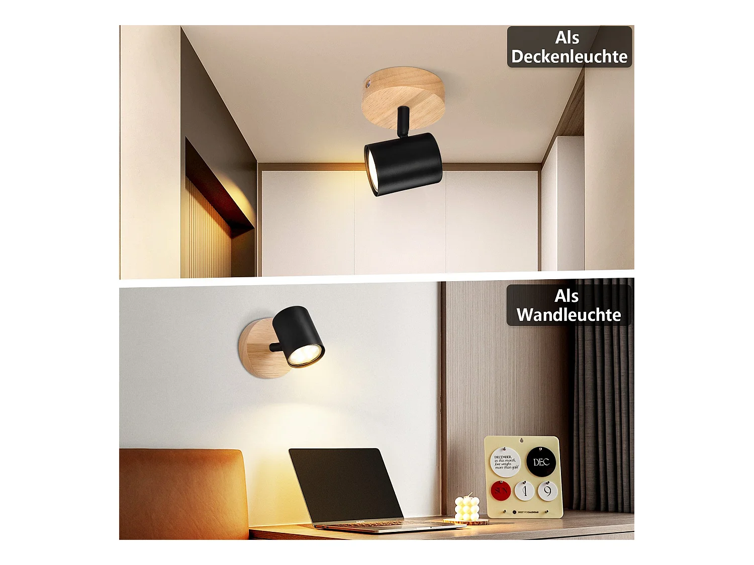 NETTLIFE Opbouwspot Hout zwart rond 1-lichts GU10 Fitting draaibar Plafondspot Hoogwaardig   Max.40W Vintage Plafondlamp