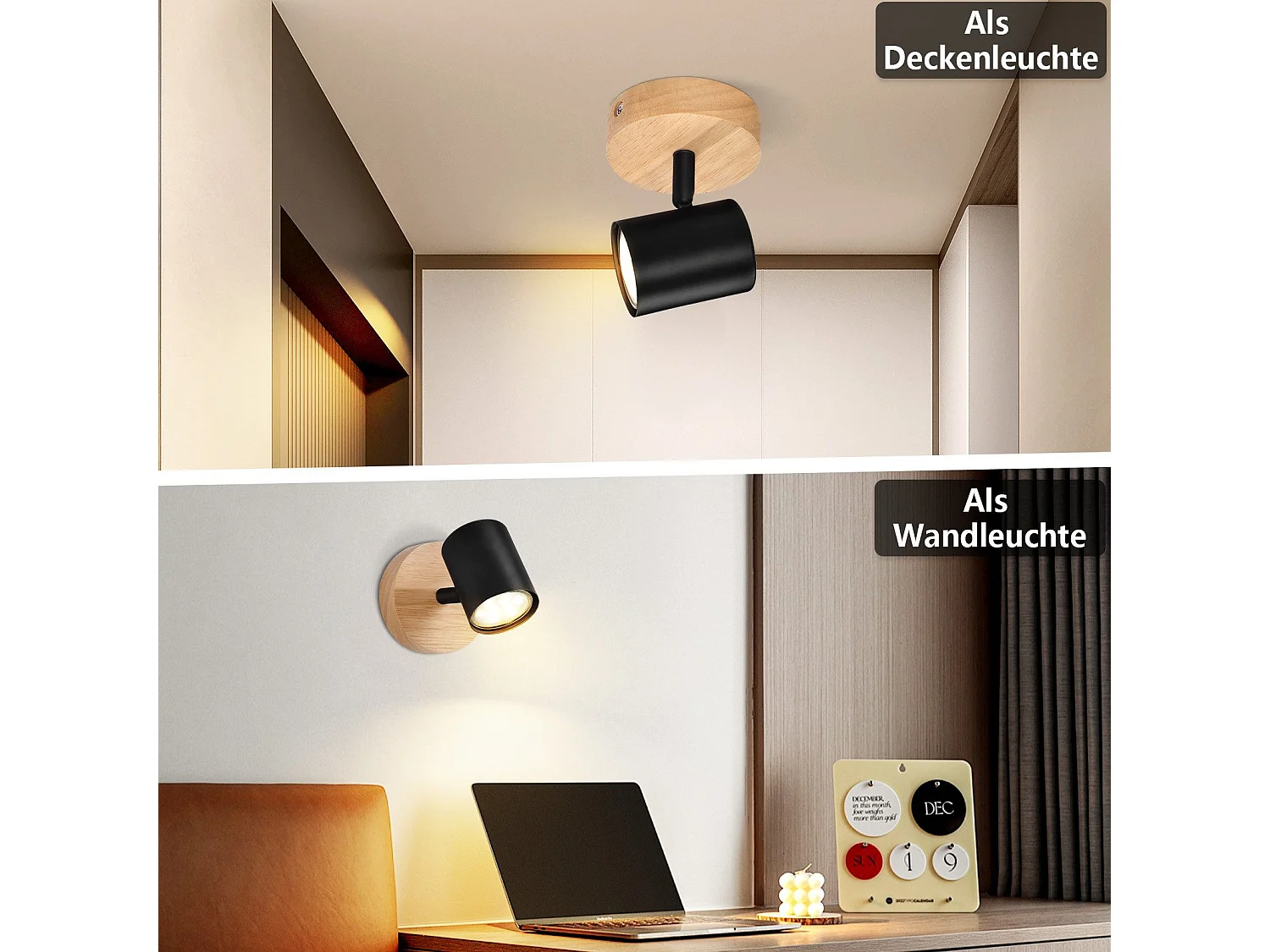 NETTLIFE Plafonnier LED 1 flamme - Noir Plafonnier GU10 Spot pivotant Applique murale en bois Spot mural pour salon chambre MAX.40W Sans ampoule