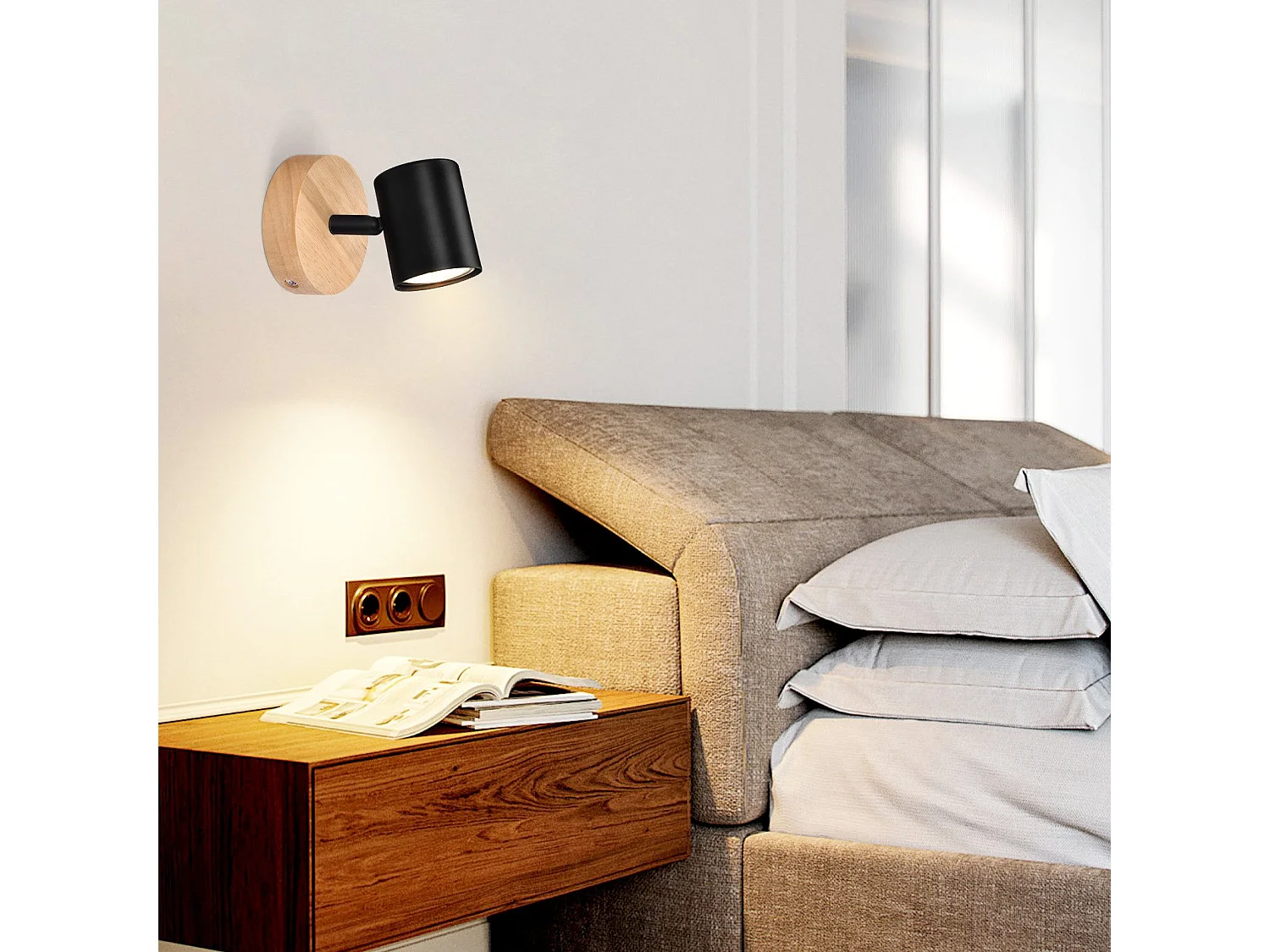 NETTLIFE Plafonnier LED 1 flamme - Noir Plafonnier GU10 Spot pivotant Applique murale en bois Spot mural pour salon chambre MAX.40W Sans ampoule