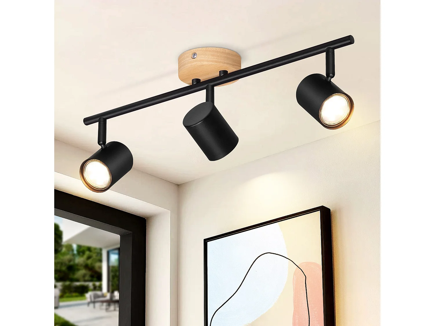 NETTLIFE 3-płomienna lampa sufitowa LED - czarna lampa sufitowa GU10 Obrotowy reflektor Drewniany kinkiet Reflektor ścienny do salonu sypialni Bez żarówki