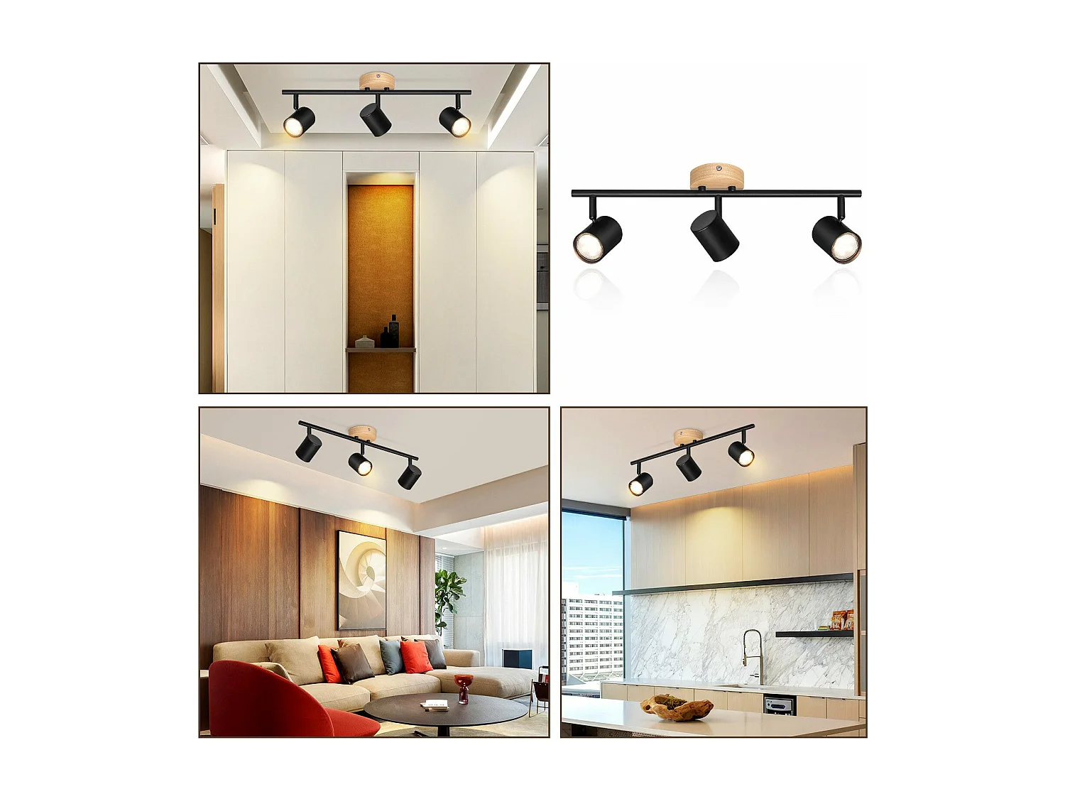 NETTLIFE 3-płomienna lampa sufitowa LED - czarna lampa sufitowa GU10 Obrotowy reflektor Drewniany kinkiet Reflektor ścienny do salonu sypialni Bez żarówki