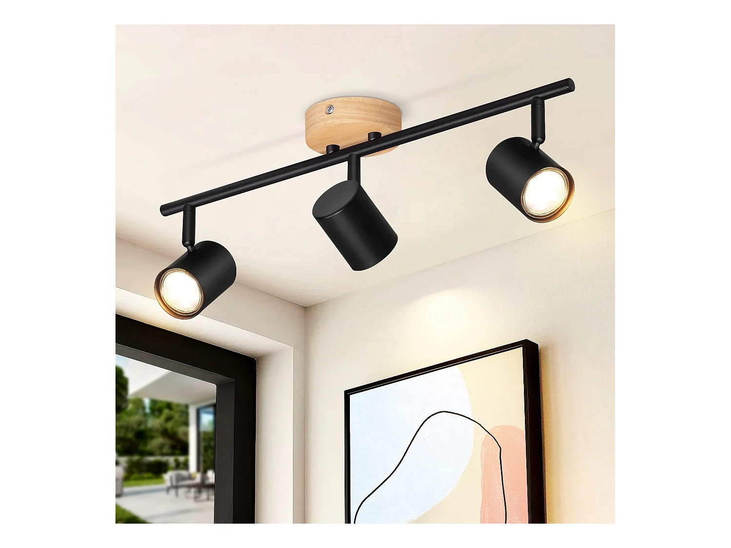 NETTLIFE Plafonnier LED 3 flamme - Noir Plafonnier GU10 Spot pivotant Applique murale en bois Spot mural pour salon chambre  Sans ampoule