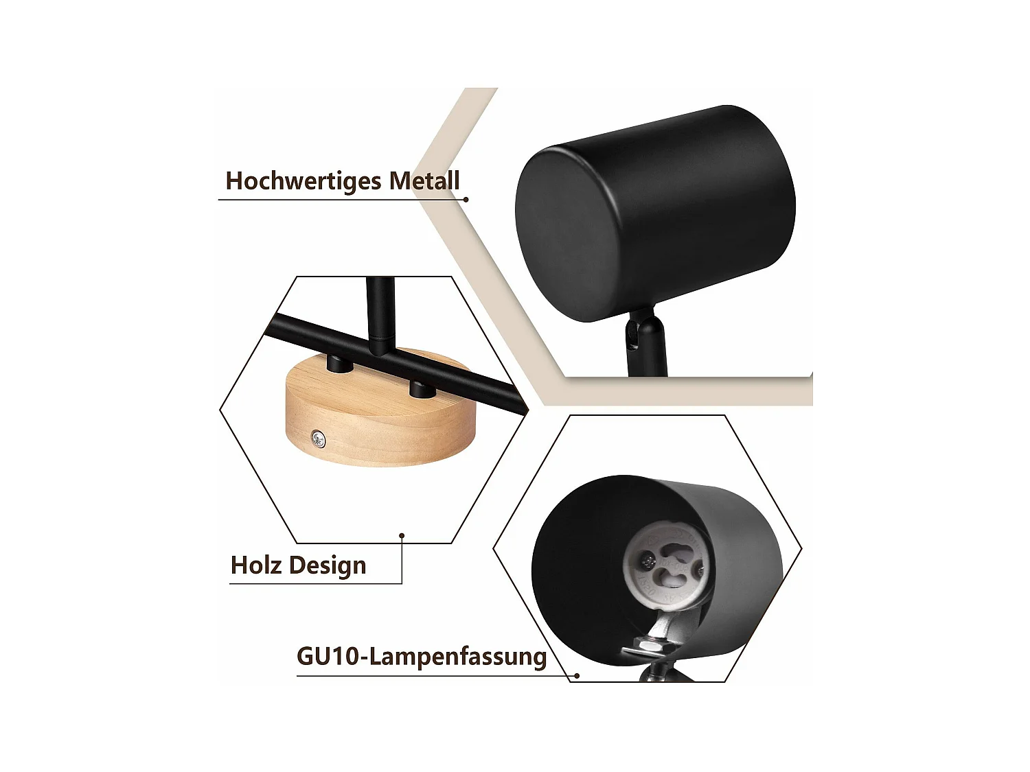 NETTLIFE Opbouwspot Hout zwart rond 3-lichts GU10 Fitting draaibar Plafondspot Hoogwaardig   Max.25W Vintage Plafondlamp
