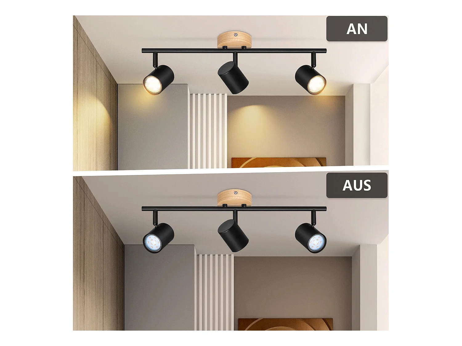 NETTLIFE Opbouwspot Hout zwart rond 3-lichts GU10 Fitting draaibar Plafondspot Hoogwaardig   Max.25W Vintage Plafondlamp