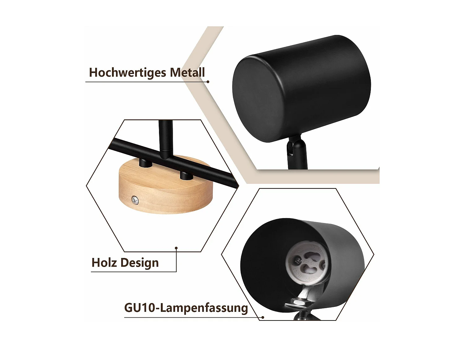 NETTLIFE 3-płomienna lampa sufitowa LED - czarna lampa sufitowa GU10 Obrotowy reflektor Drewniany kinkiet Reflektor ścienny do salonu sypialni Bez żarówki