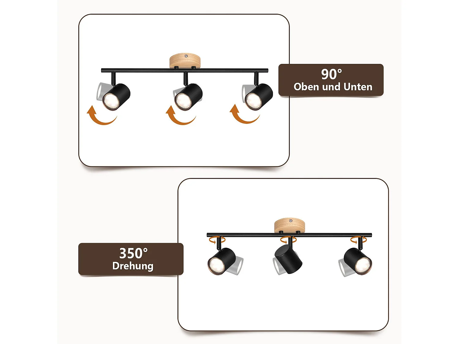 NETTLIFE 3-płomienna lampa sufitowa LED - czarna lampa sufitowa GU10 Obrotowy reflektor Drewniany kinkiet Reflektor ścienny do salonu sypialni Bez żarówki