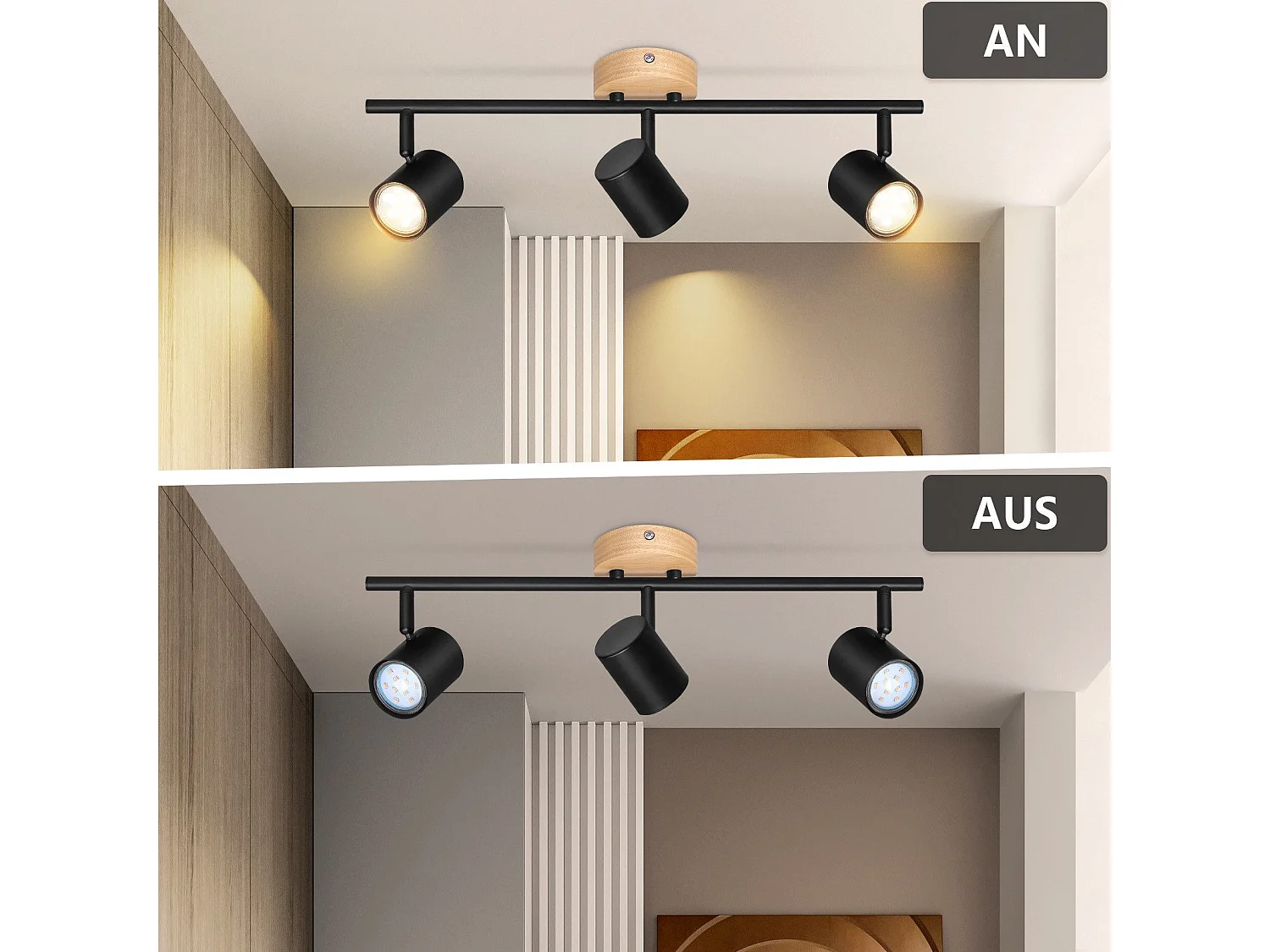 NETTLIFE Plafonnier LED 3 flamme - Noir Plafonnier GU10 Spot pivotant Applique murale en bois Spot mural pour salon chambre  Sans ampoule