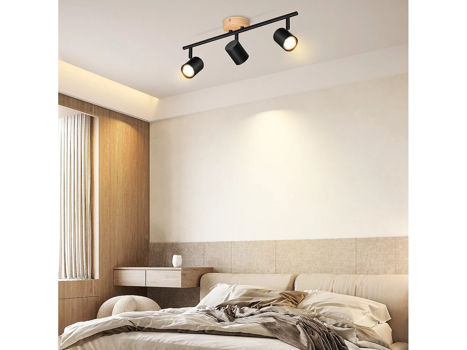 NETTLIFE Plafonnier LED 3 flamme - Noir Plafonnier GU10 Spot pivotant Applique murale en bois Spot mural pour salon chambre  Sans ampoule