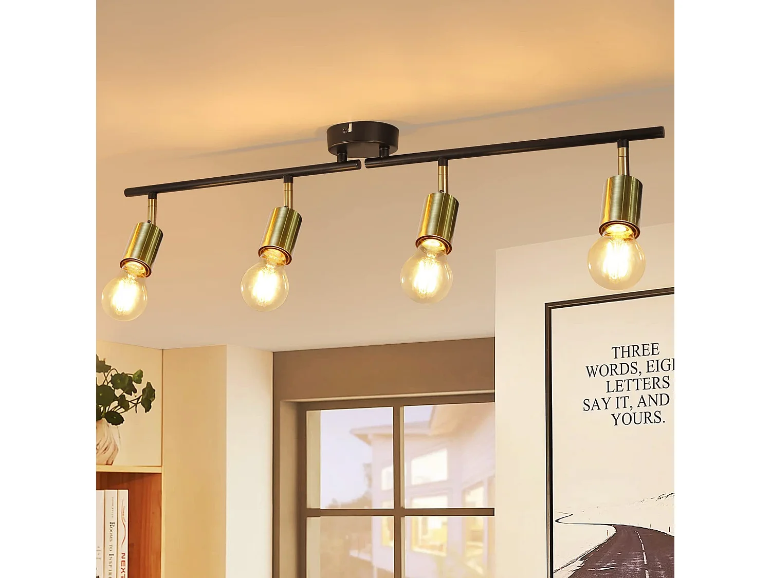 NETTLIFE Opbouwspot 4-lichts zwart goud E27 Fitting draaibar Plafondspot Vintage Keukenlamp Max. 25W Metaal voor Slaapkamer Hal Woonkamer Zonder Lichtborn L 74cm