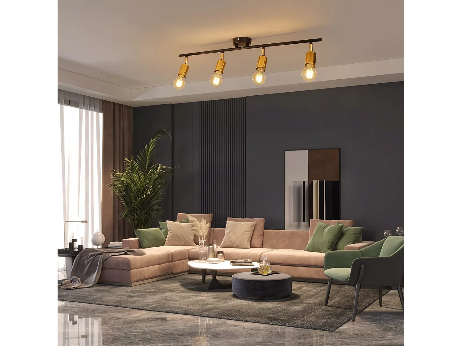 NETTLIFE Opbouwspot 4-lichts zwart goud E27 Fitting draaibar Plafondspot Vintage Keukenlamp Max. 25W Metaal voor Slaapkamer Hal Woonkamer Zonder Lichtborn L 74cm