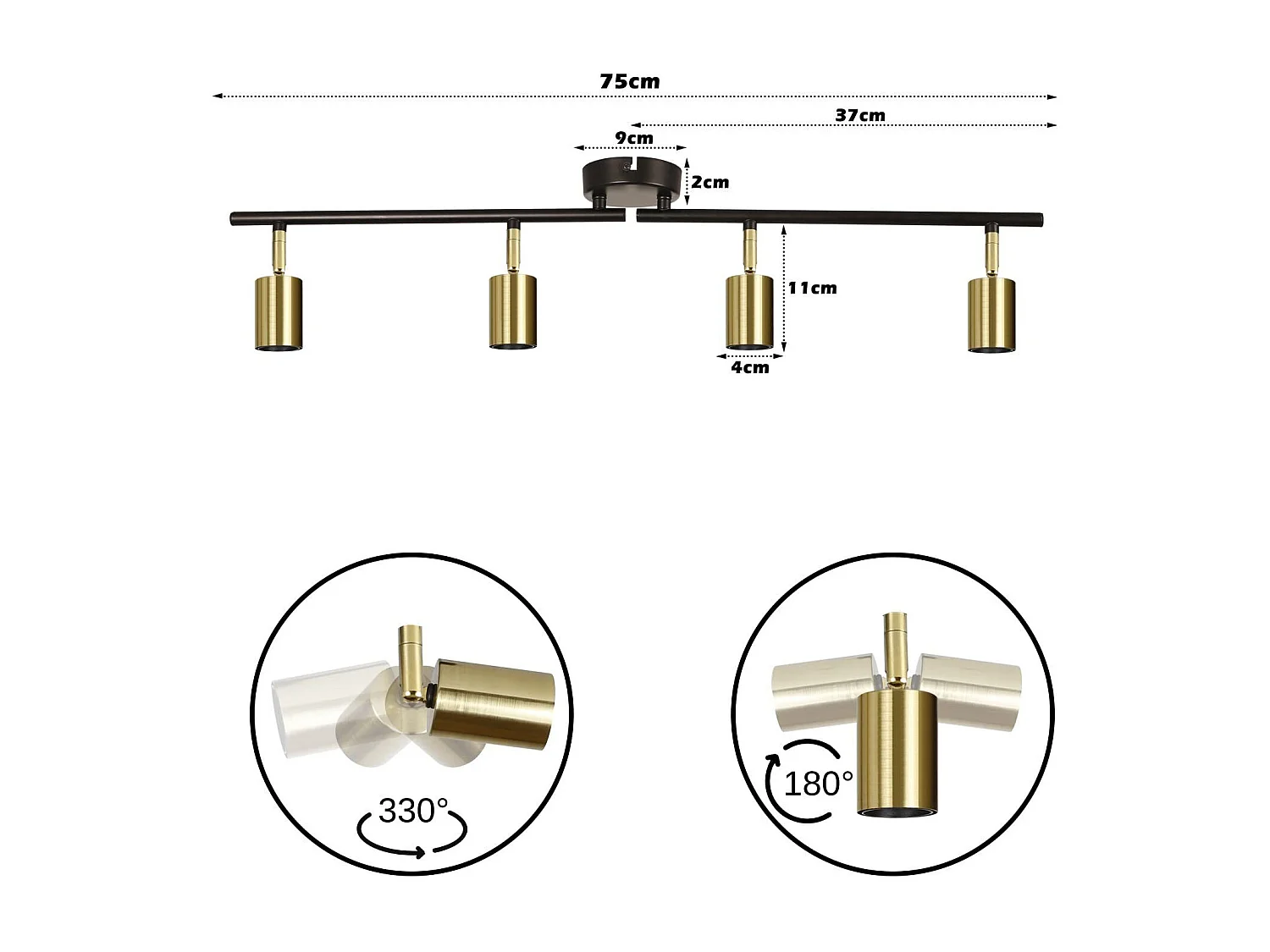 NETTLIFE Opbouwspot 4-lichts zwart goud E27 Fitting draaibar Plafondspot Vintage Keukenlamp Max. 25W Metaal voor Slaapkamer Hal Woonkamer Zonder Lichtborn L 74cm