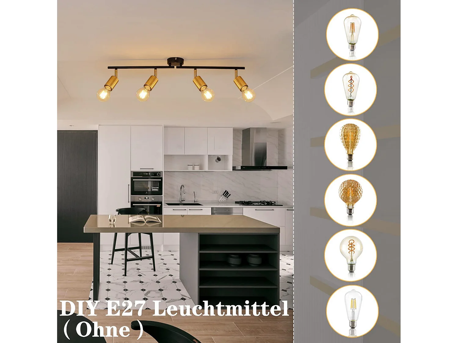 NETTLIFE Opbouwspot 4-lichts zwart goud E27 Fitting draaibar Plafondspot Vintage Keukenlamp Max. 25W Metaal voor Slaapkamer Hal Woonkamer Zonder Lichtborn L 74cm