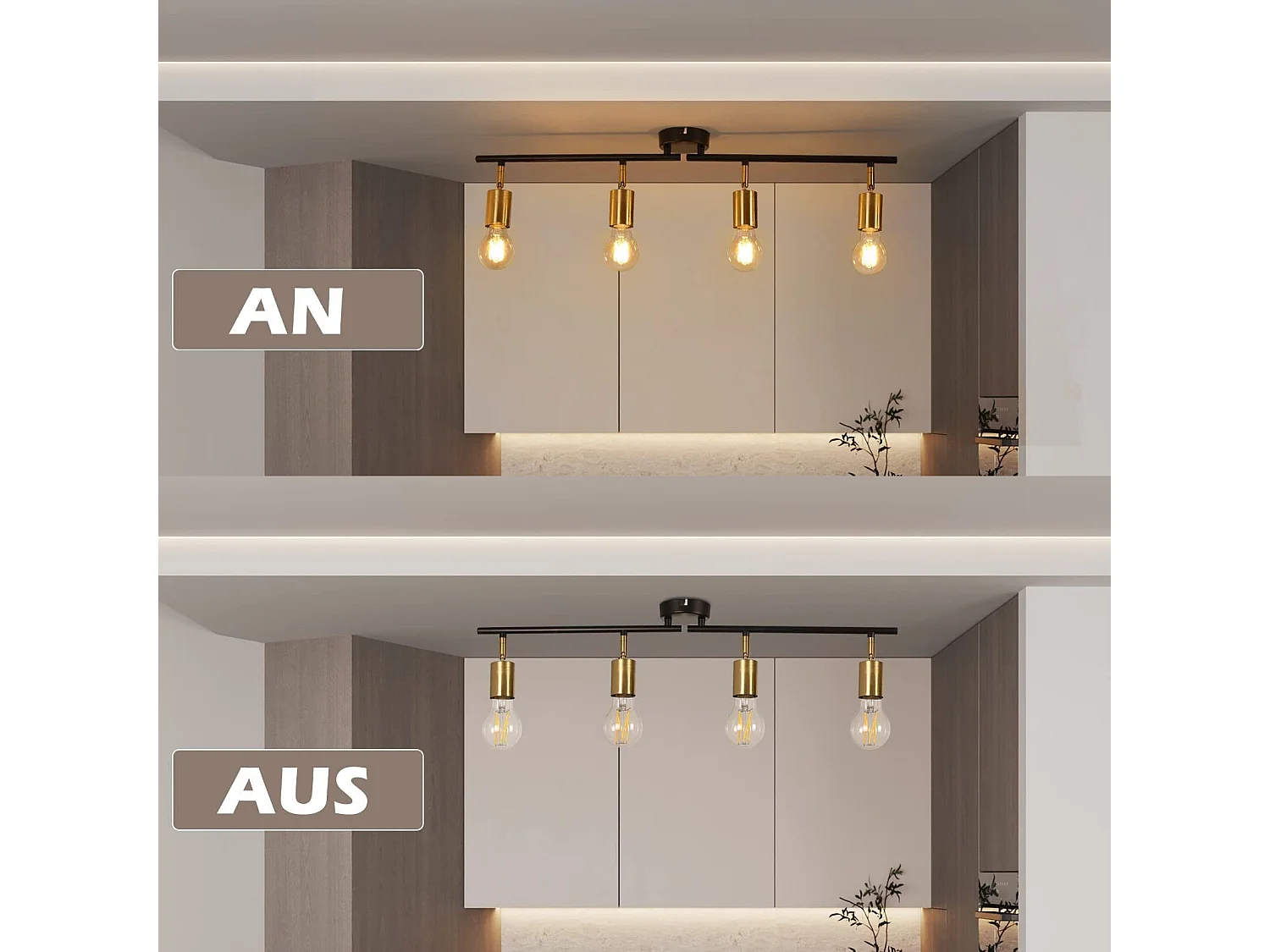 NETTLIFE Opbouwspot 4-lichts zwart goud E27 Fitting draaibar Plafondspot Vintage Keukenlamp Max. 25W Metaal voor Slaapkamer Hal Woonkamer Zonder Lichtborn L 74cm