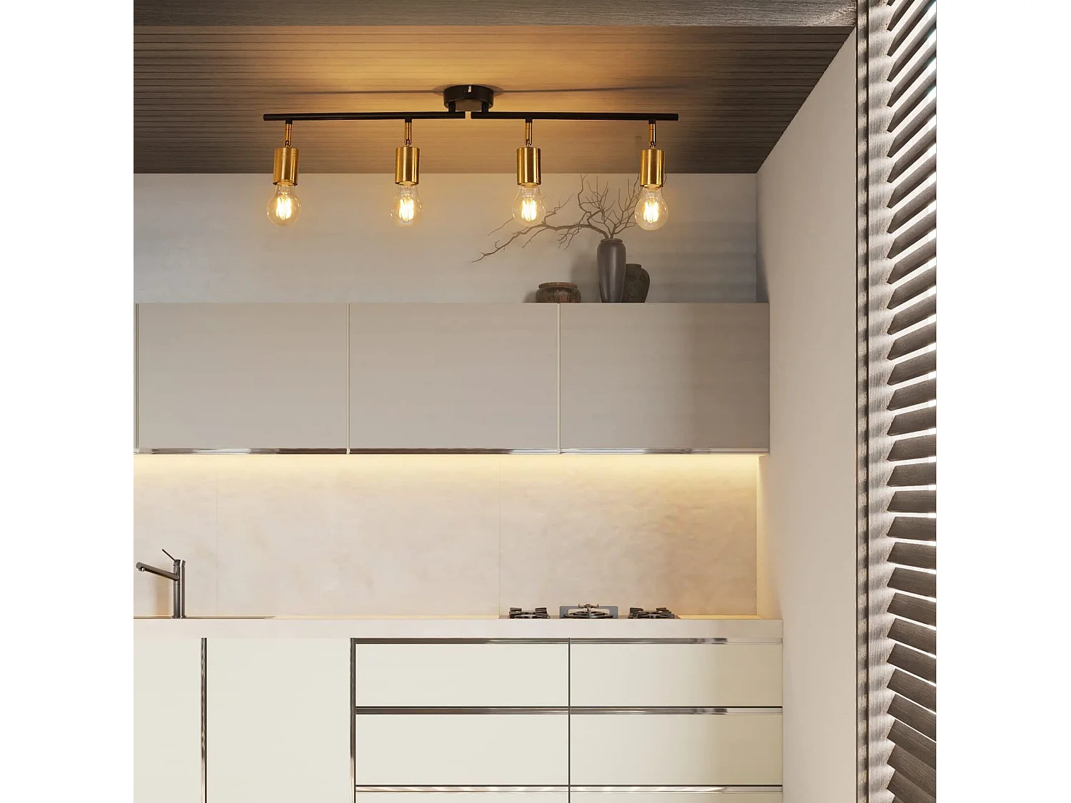 NETTLIFE Opbouwspot 4-lichts zwart goud E27 Fitting draaibar Plafondspot Vintage Keukenlamp Max. 25W Metaal voor Slaapkamer Hal Woonkamer Zonder Lichtborn L 74cm