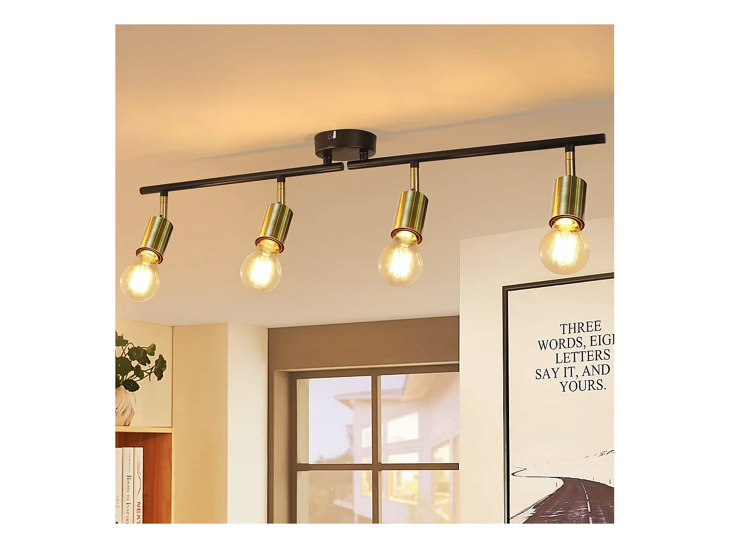 NETTLIFE 4 Spots Plafonnier Vintage à  E27 Noir et Or Rotatifs Style Industriel Rétro pour Salon Chambre Cuisine Couloir Salle à Manger
