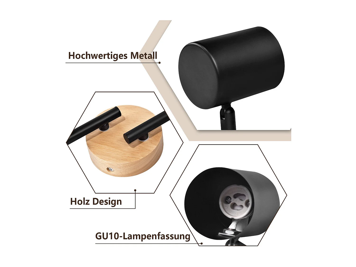 LED Deckenleuchte 4 flammig schwarz Gu10 schwenkbar Strahler Holz Wandleuchte Strahler ohne Leuchtmittel