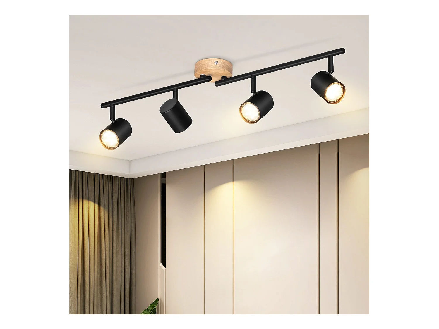 NETTLIFE Plafonnier LED 4 flamme - Noir Plafonnier GU10 Spot pivotant Applique murale en bois Spot mural pour salon chambre  Sans ampoule