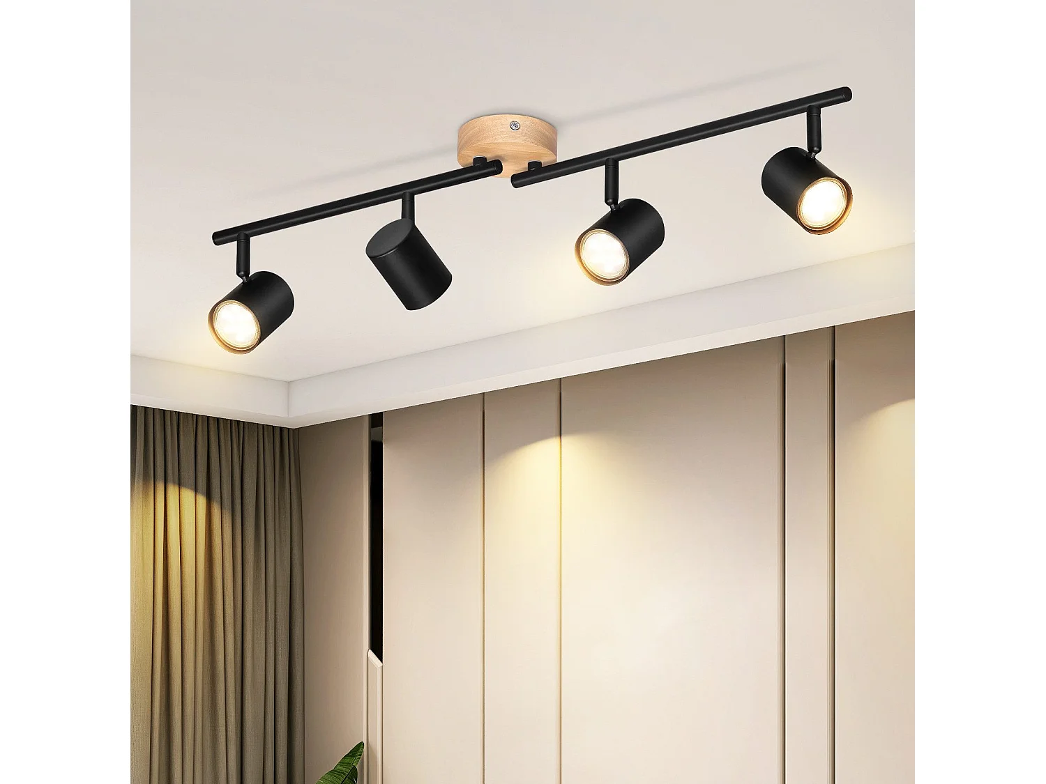 NETTLIFE Opbouwspot Hout zwart rond 4-lichts GU10 Fitting draaibar Plafondspot Hoogwaardig   Max.25W Vintage Plafondlamp