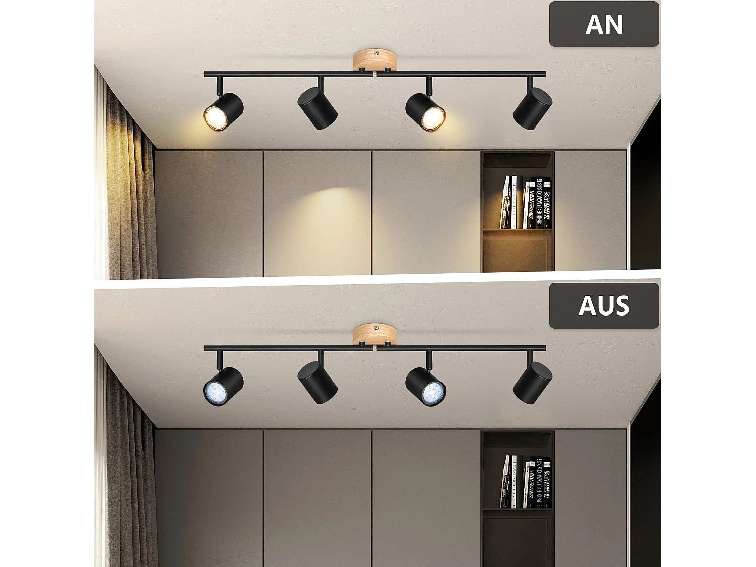 NETTLIFE Plafonnier LED 4 flamme - Noir Plafonnier GU10 Spot pivotant Applique murale en bois Spot mural pour salon chambre  Sans ampoule