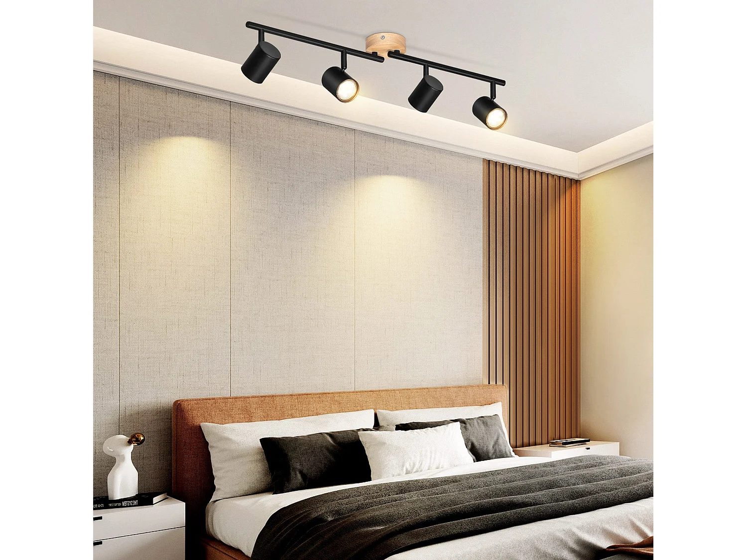 NETTLIFE Plafonnier LED 4 flamme - Noir Plafonnier GU10 Spot pivotant Applique murale en bois Spot mural pour salon chambre  Sans ampoule