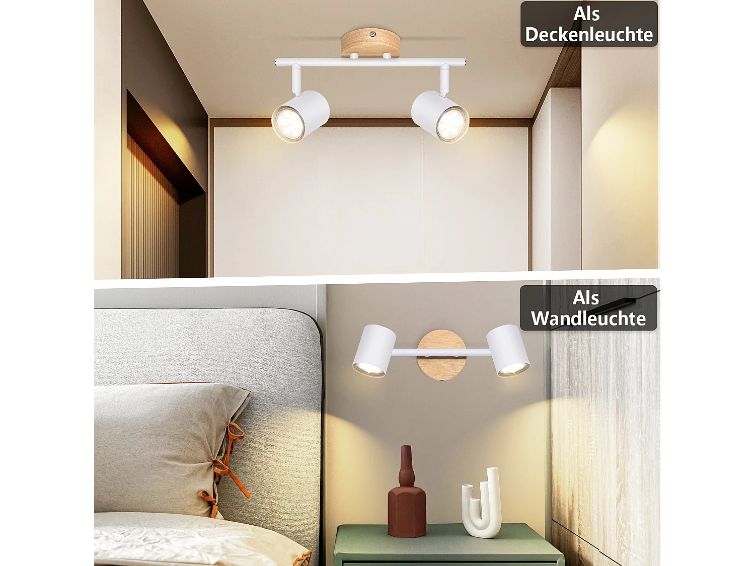 NETTLIFE LED - Deckenleuchte mit 2 Flammen - Weiß, drehbarer GU10 - Decken - Spot, Holz - Wandleuchte, Wand - Spot für Wohnzimmer und Schlafzimmer, ohne Glühbirne.