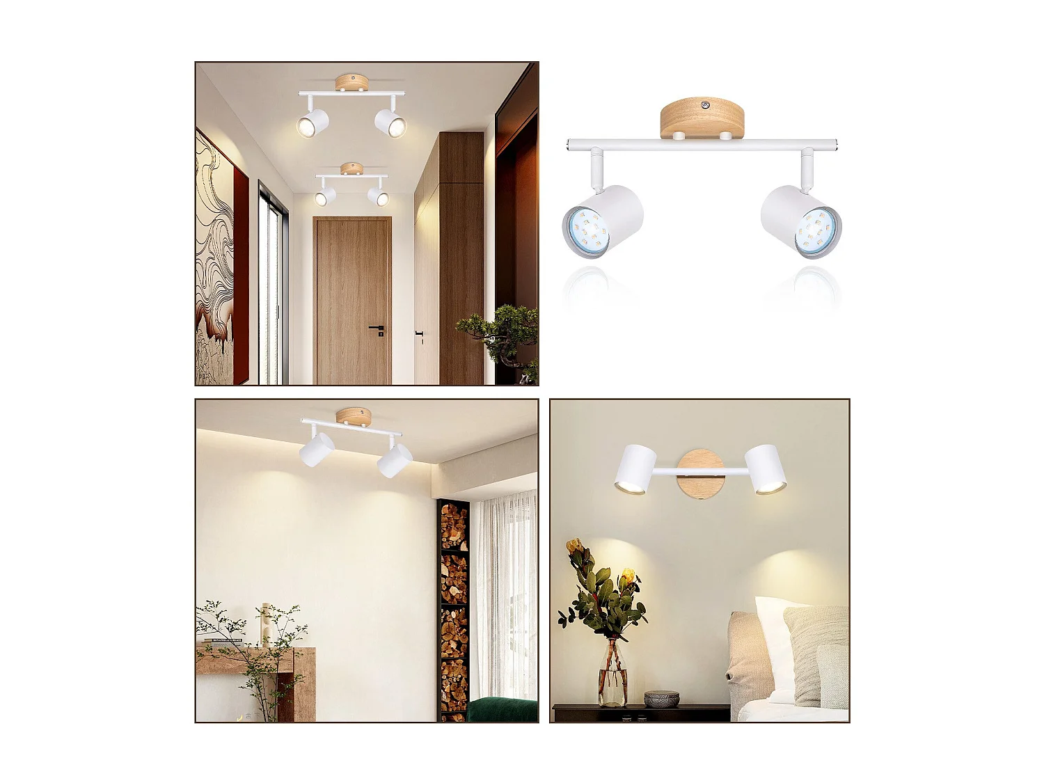 NETTLIFE LED - Deckenleuchte mit 2 Flammen - Weiß, drehbarer GU10 - Decken - Spot, Holz - Wandleuchte, Wand - Spot für Wohnzimmer und Schlafzimmer, ohne Glühbirne.