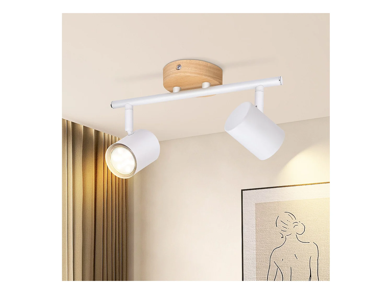 NETTLIFE Opbouwspot Hout wit rond 2-lichts GU10 Fitting draaibar Plafondspot Hoogwaardig   Max.25W Vintage Plafondlamp