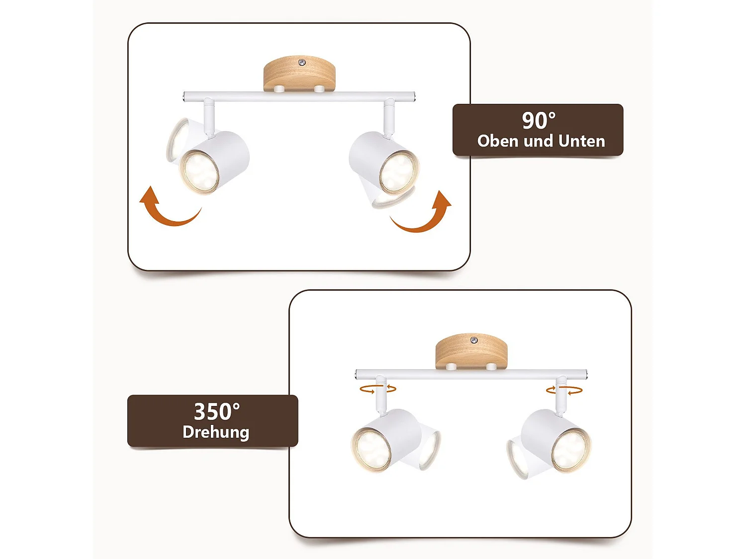NETTLIFE Opbouwspot Hout wit rond 2-lichts GU10 Fitting draaibar Plafondspot Hoogwaardig   Max.25W Vintage Plafondlamp