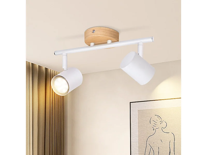 NETTLIFE Plafonnier LED 2 flamme - Blanc Plafonnier GU10 Spot pivotant Applique murale en bois Spot mural pour salon chambre  Sans ampoule