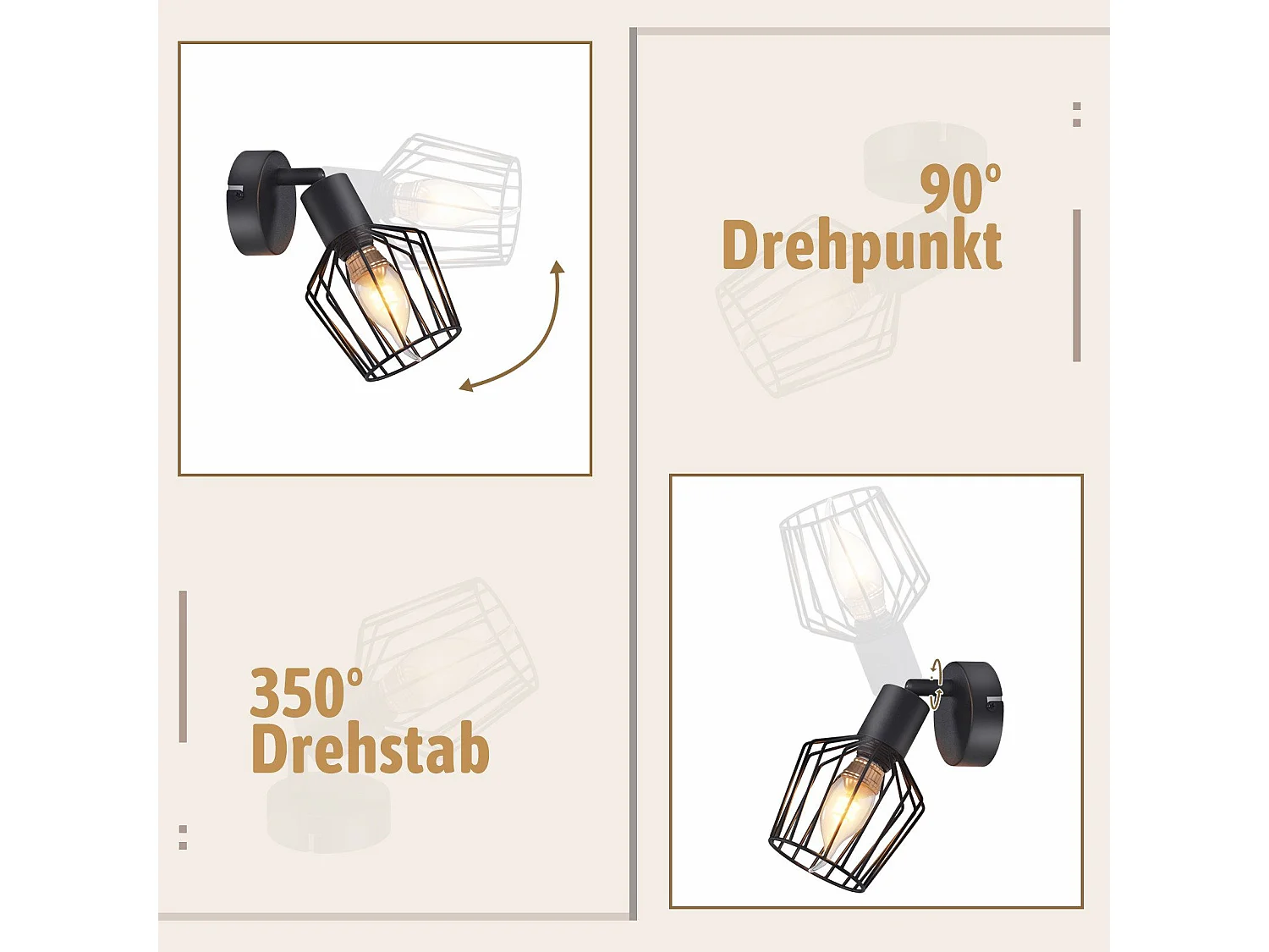 NETTLIFE Spot de Plafond E14 -  métal, lampe de couloir industrielle pivotante à 350°, applique murale pour couloir et salon，noir