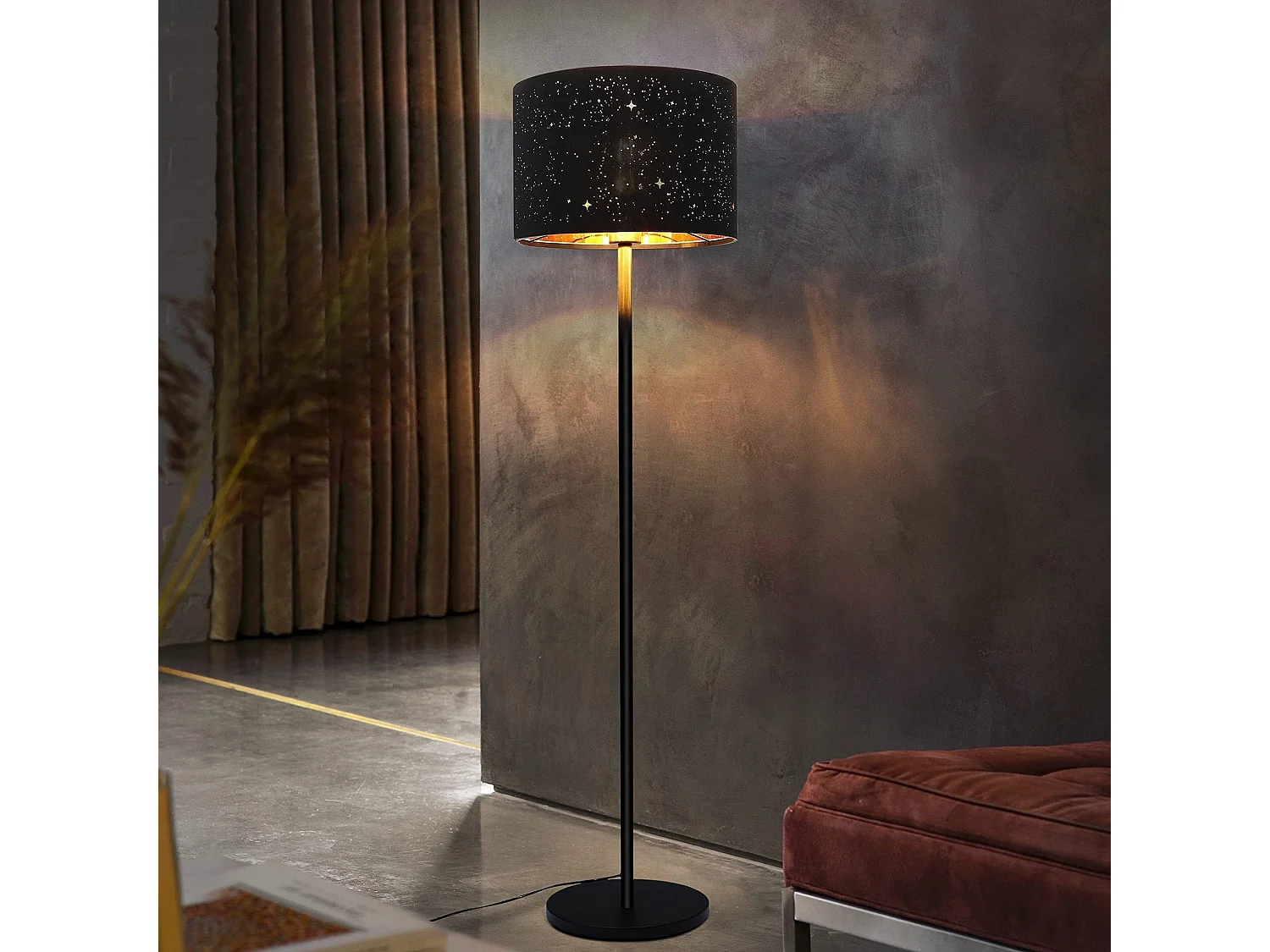 NETTLIFE Moderne Stehleuchte Wohnzimmer Stehlampe - Stoff Stehlampe mit E27 Fassung Max. 40 W Stehlampe mit Schwarz und Gold mit Sternendesign, 144 cm