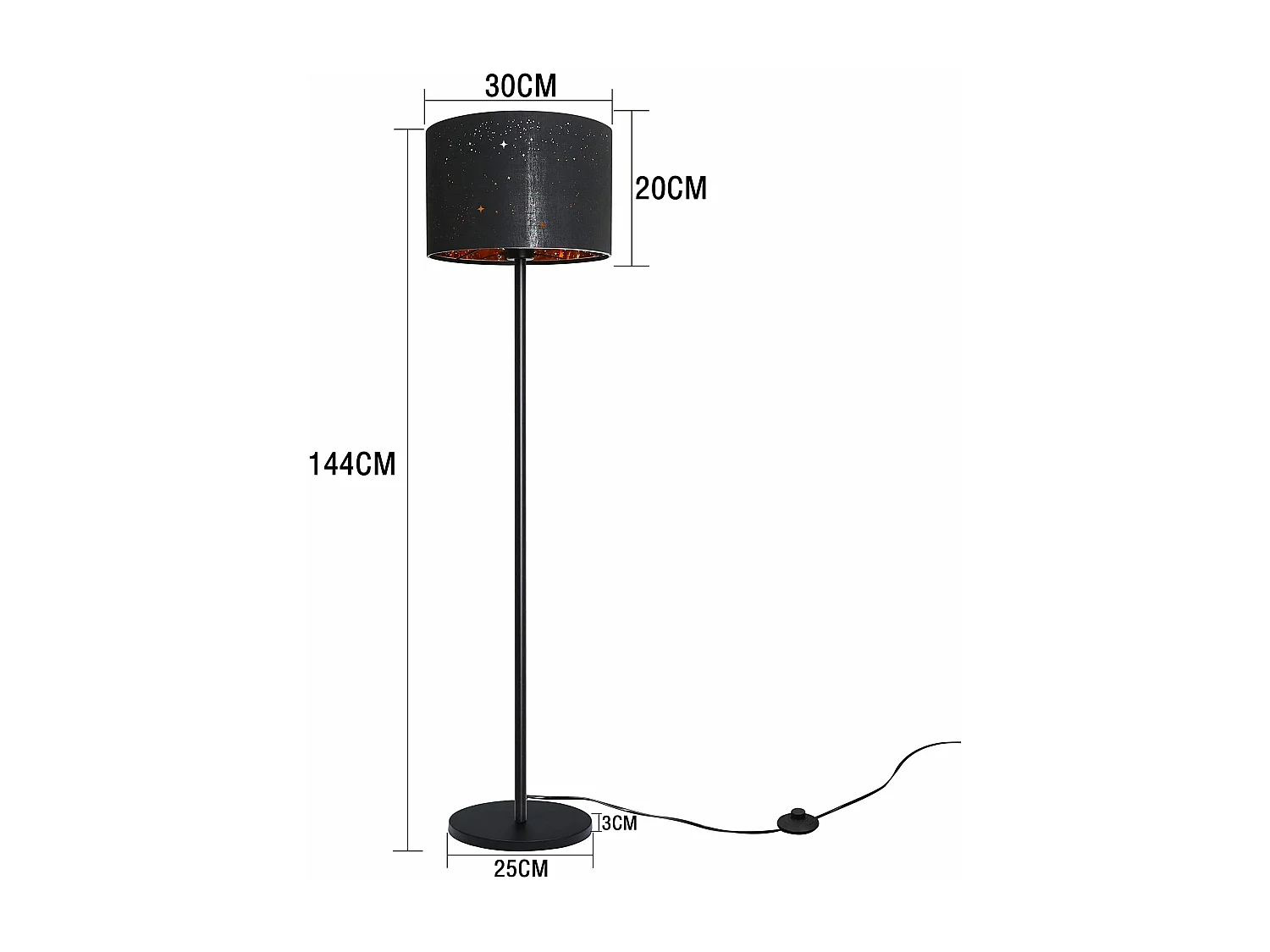 NETTLIFE Lampadaire Moderne Salon Lampadaire - Lampe sur pied en tissu avec douille E27 Max. 40W Noir Or Abat-jour Design Étoile 144cm Lampe sur pied