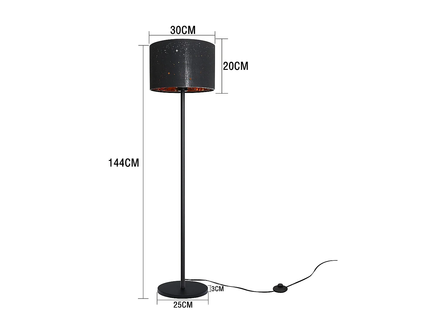 NETTLIFE Lampadaire Moderne Salon Lampadaire - Lampe sur pied en tissu avec douille E27 Max. 40W Noir Or Abat-jour Design Étoile 144cm Lampe sur pied