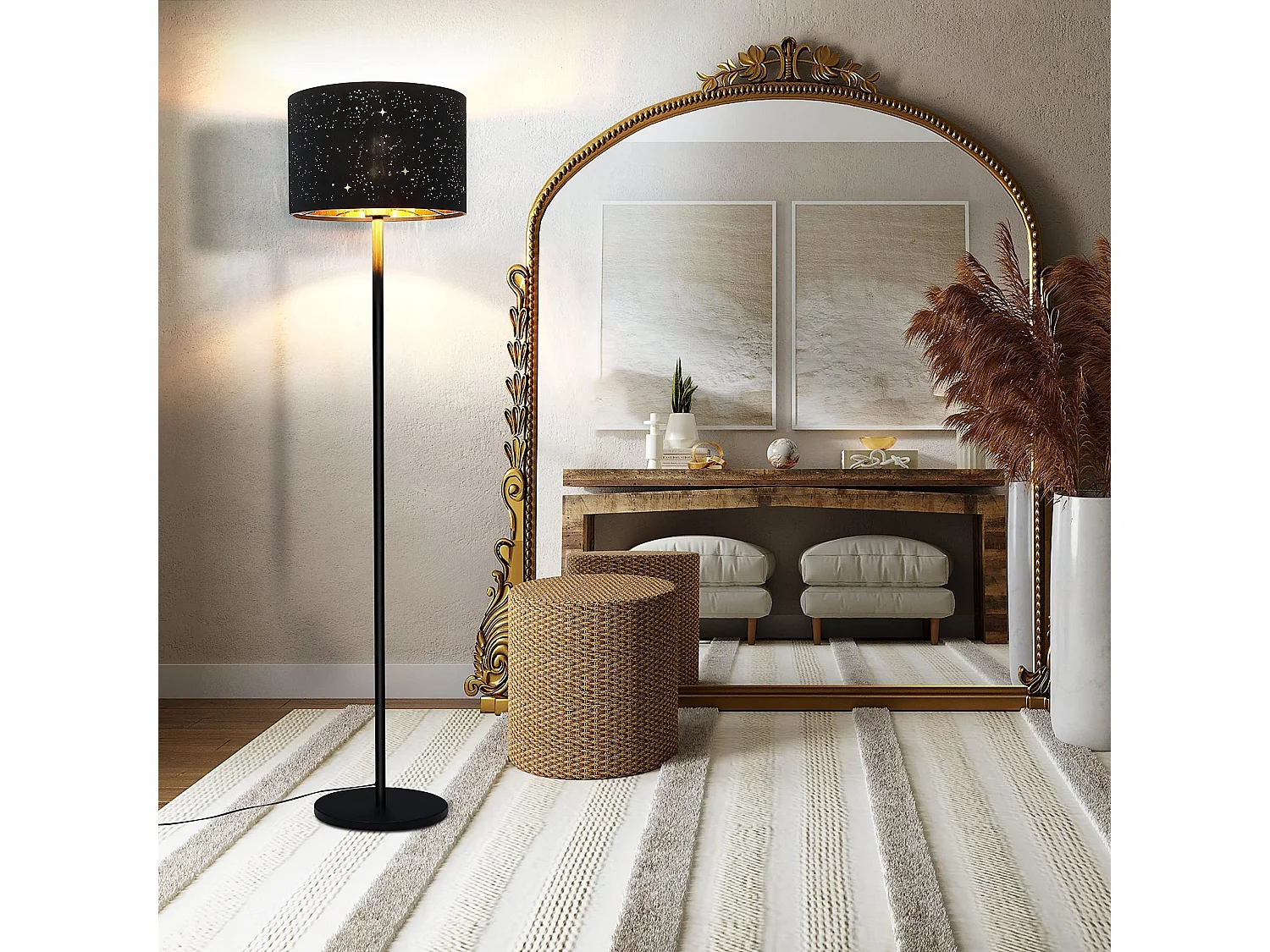 NETTLIFE Lampadaire Moderne Salon Lampadaire - Lampe sur pied en tissu avec douille E27 Max. 40W Noir Or Abat-jour Design Étoile 144cm Lampe sur pied