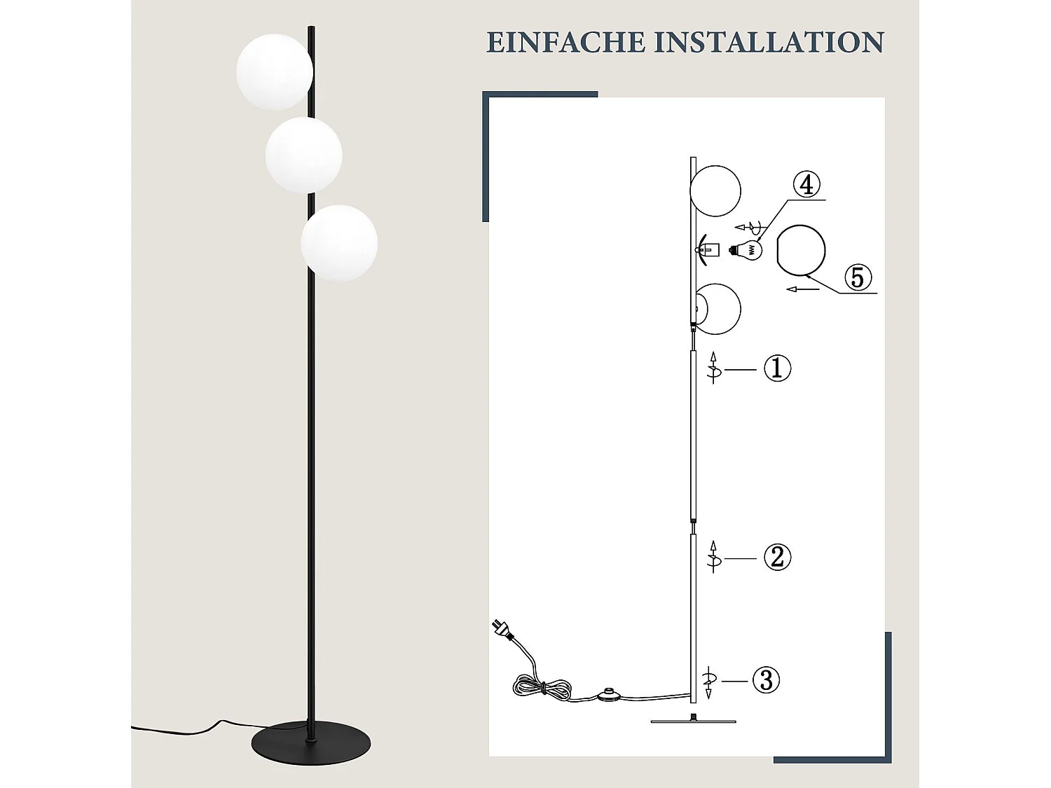 NETTLIFE Lampadaire noir - Moderne Lampadaire  Salon à 3 flammes avec interrupteur à pied Métal Design Verre E27 Industriel Vintage Lampe de sol