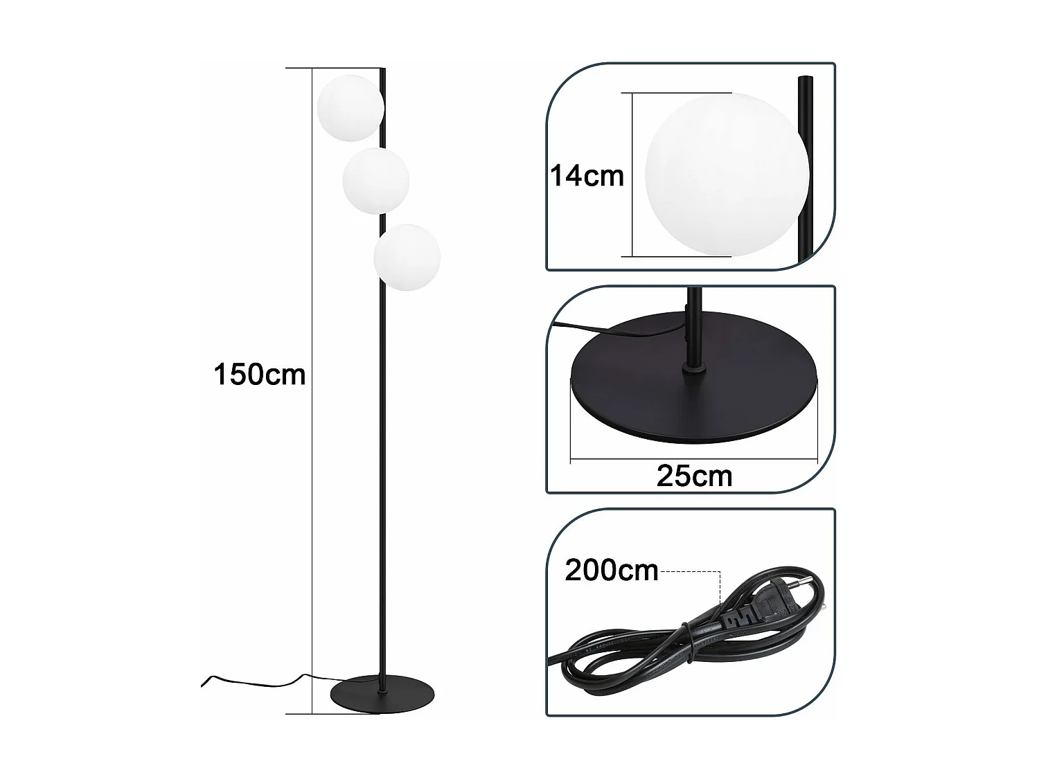 NETTLIFE Lampadaire noir - Moderne Lampadaire  Salon à 3 flammes avec interrupteur à pied Métal Design Verre E27 Industriel Vintage Lampe de sol