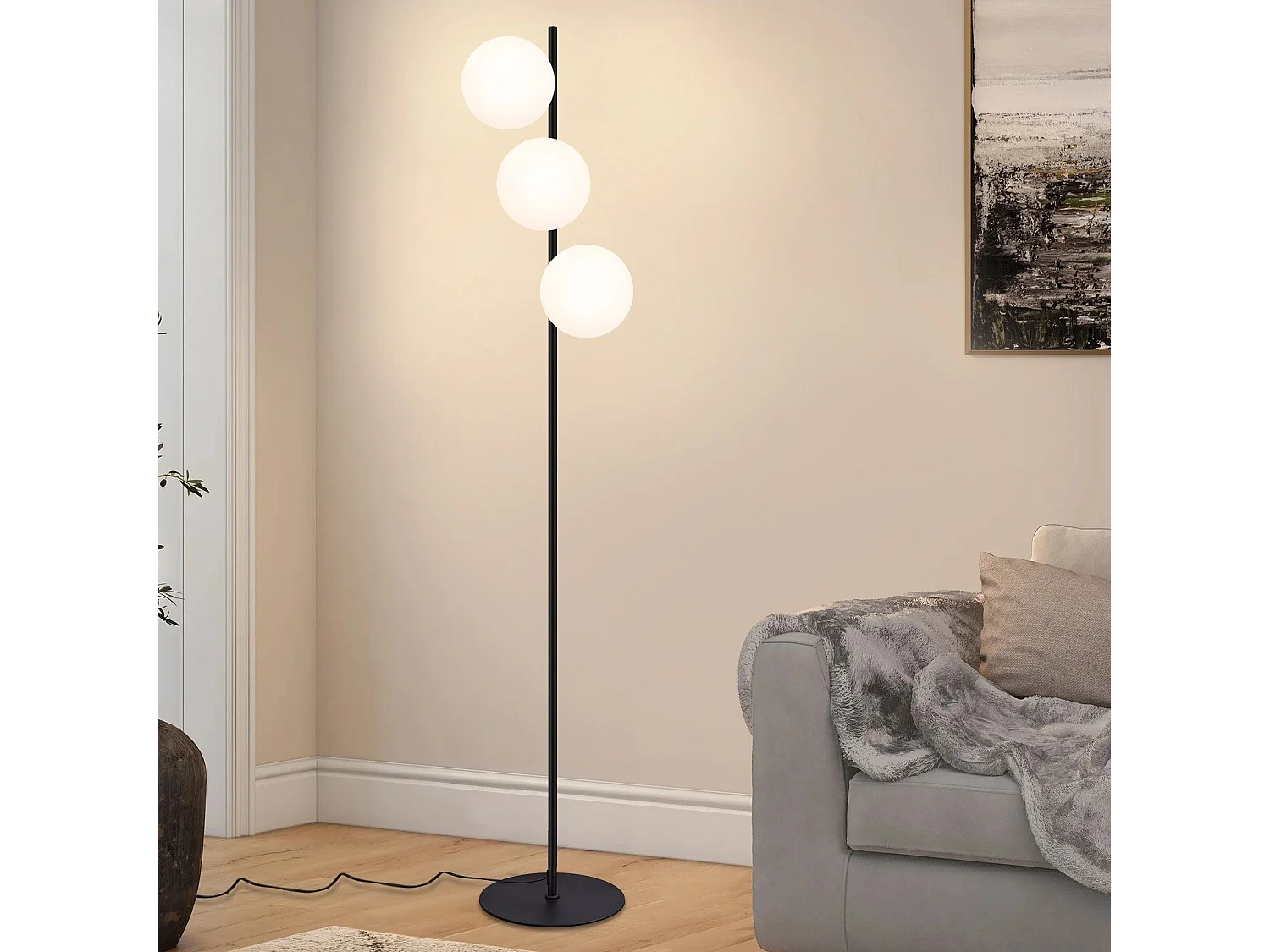 NETTLIFE Zwart Lampenpaal - Moderne Lampenpaal voor de Salon, met 3 vlammen en voetschakelaar, Metal Design, Glas, E27, Industriel, Vintage Vloerlamp.