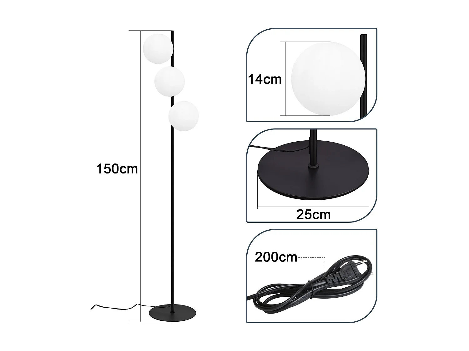 NETTLIFE Zwart Lampenpaal - Moderne Lampenpaal voor de Salon, met 3 vlammen en voetschakelaar, Metal Design, Glas, E27, Industriel, Vintage Vloerlamp.