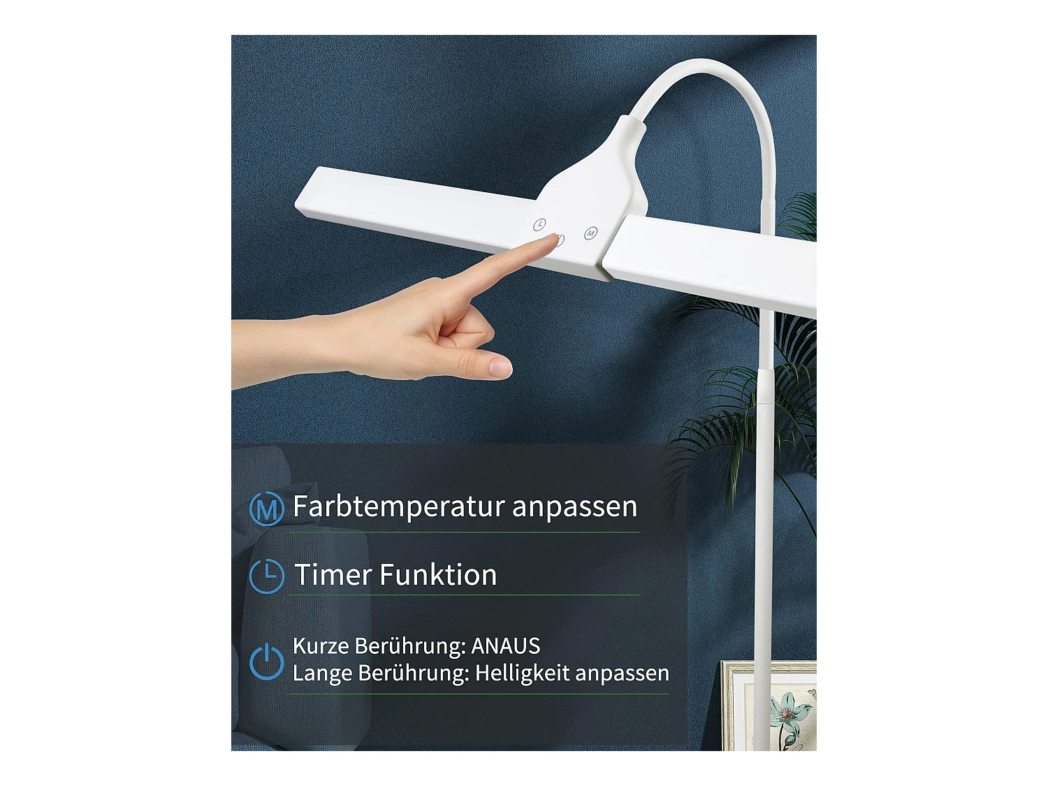 NETTLIFE Lámpara de pie LED para sala de estar regulable - 156 CM  moderna con control táctil de 10 W con temporizador con cuello de cisne ajustable