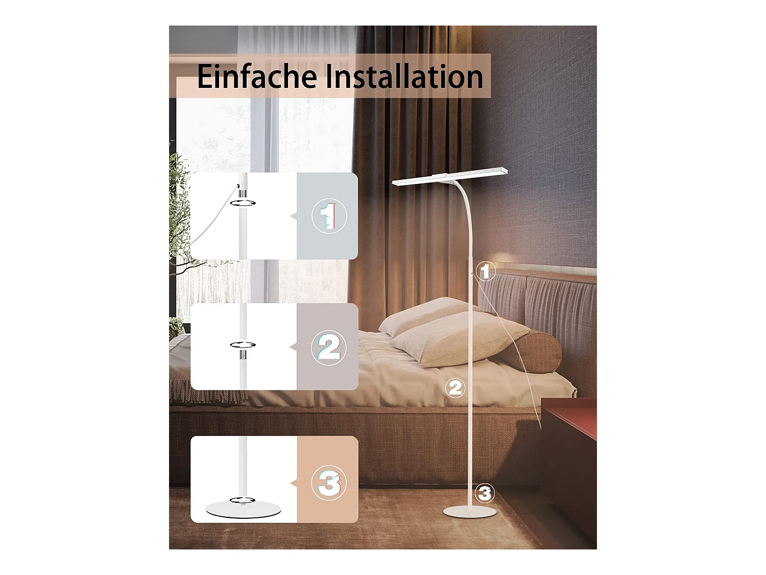 NETTLIFE Lámpara de pie LED para sala de estar regulable - 156 CM  moderna con control táctil de 10 W con temporizador con cuello de cisne ajustable