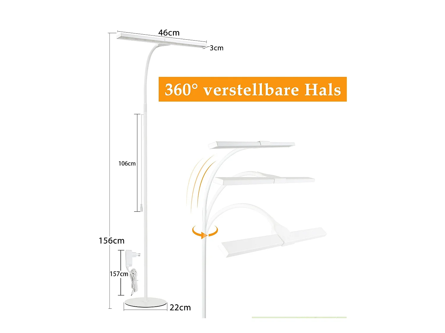 NETTLIFE Lámpara de pie LED para sala de estar regulable - 156 CM  moderna con control táctil de 10 W con temporizador con cuello de cisne ajustable