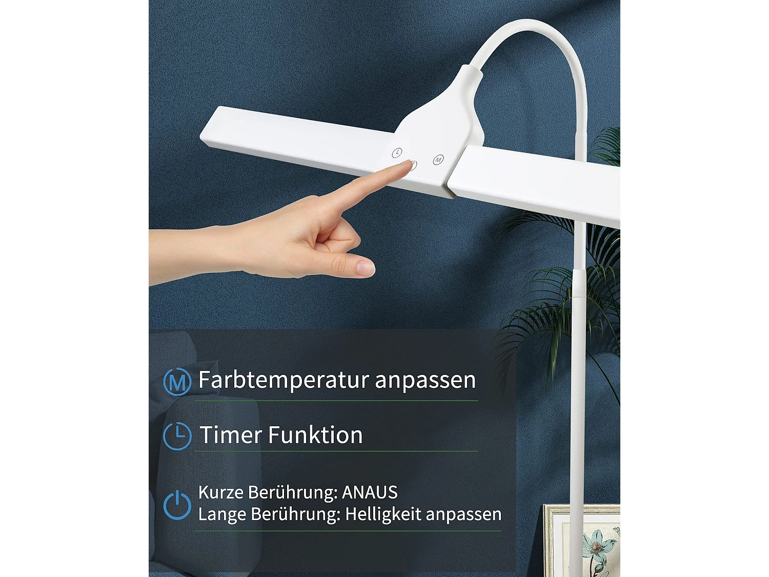 NETTLIFE Lampadaire LED Salon dimmable - 156CM Moderne 10W Touch Control Lampe de lecture avec minuterie Lampe de lit Col de cygne réglable