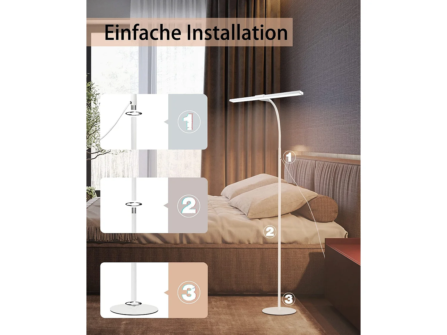 NETTLIFE Lampadaire LED Salon dimmable - 156CM Moderne 10W Touch Control Lampe de lecture avec minuterie Lampe de lit Col de cygne réglable