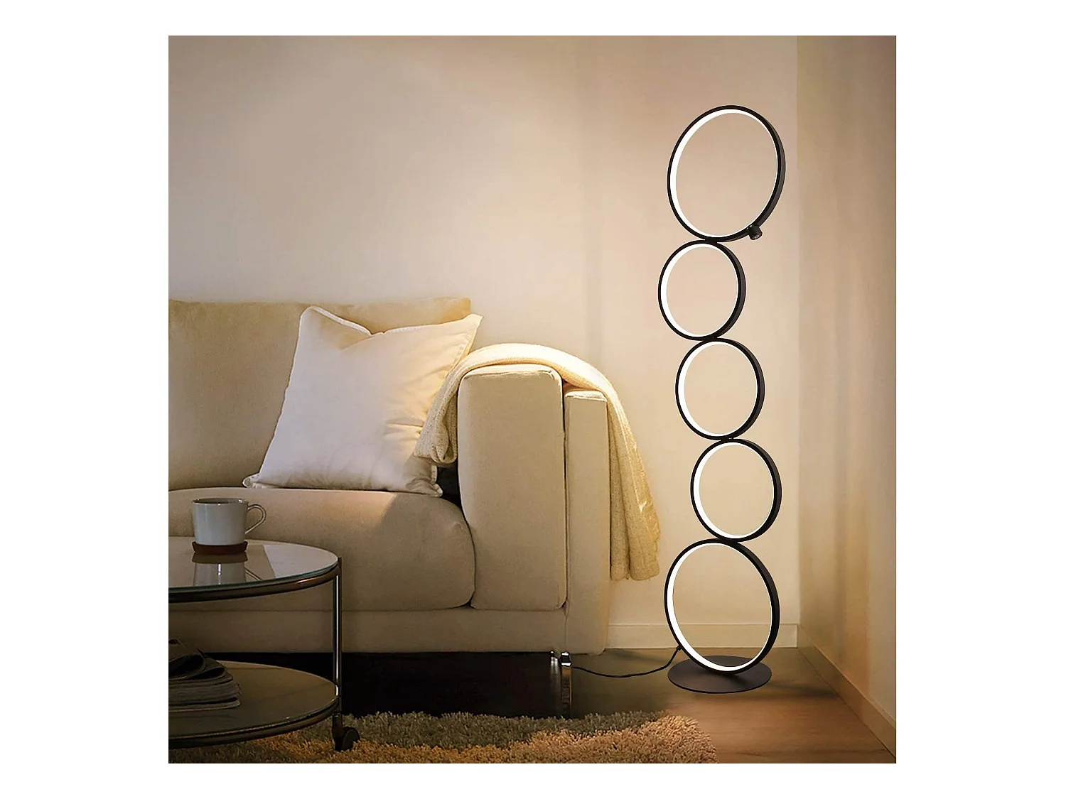 NETTLIFE Lampadaire Moderne LED Dimmable 32W Touch Switch Lampadaire Blanc Chaud 3000K Aluminium 5-flamme Anneau Noir Lampadaire