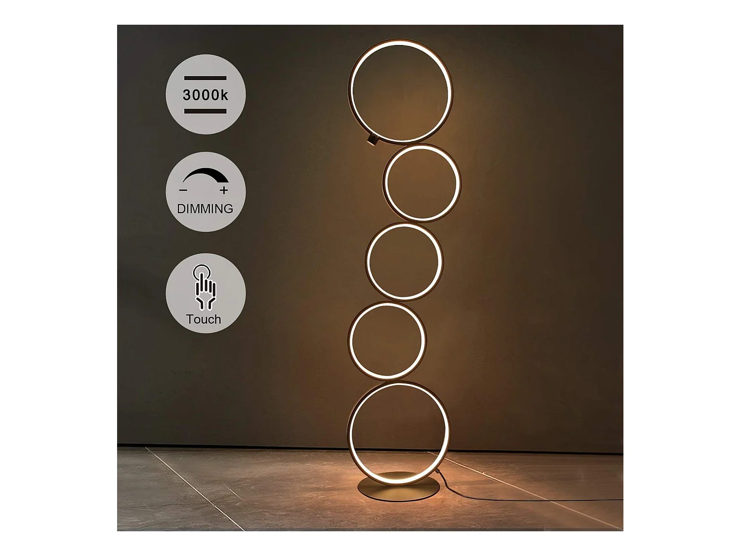 NETTLIFE Lampadaire Moderne LED Dimmable 32W Touch Switch Lampadaire Blanc Chaud 3000K Aluminium 5-flamme Anneau Noir Lampadaire