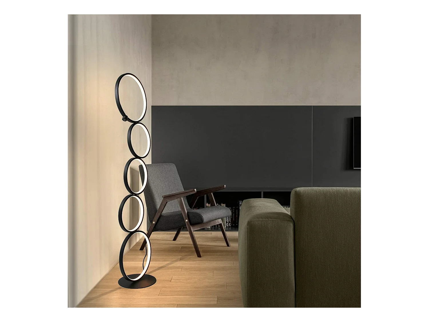 NETTLIFE Lampadaire Moderne LED Dimmable 32W Touch Switch Lampadaire Blanc Chaud 3000K Aluminium 5-flamme Anneau Noir Lampadaire