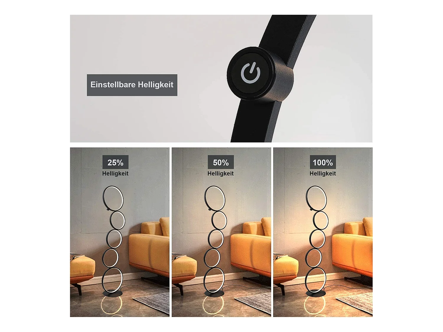 NETTLIFE Lampadaire Moderne LED Dimmable 32W Touch Switch Lampadaire Blanc Chaud 3000K Aluminium 5-flamme Anneau Noir Lampadaire